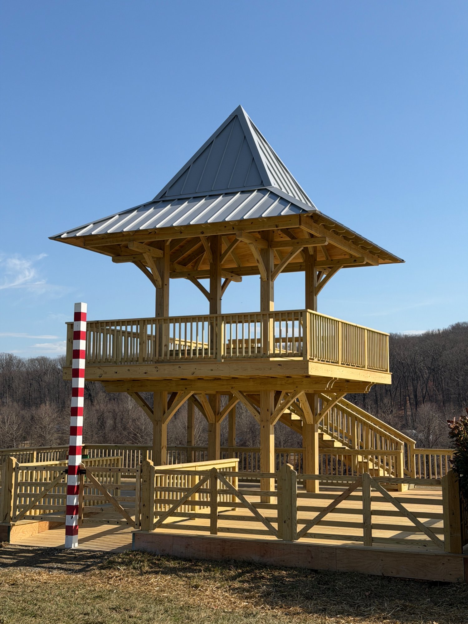 New timber-frame observation tower with standing-seam metal roof — Shawan Downs, Cockeysville